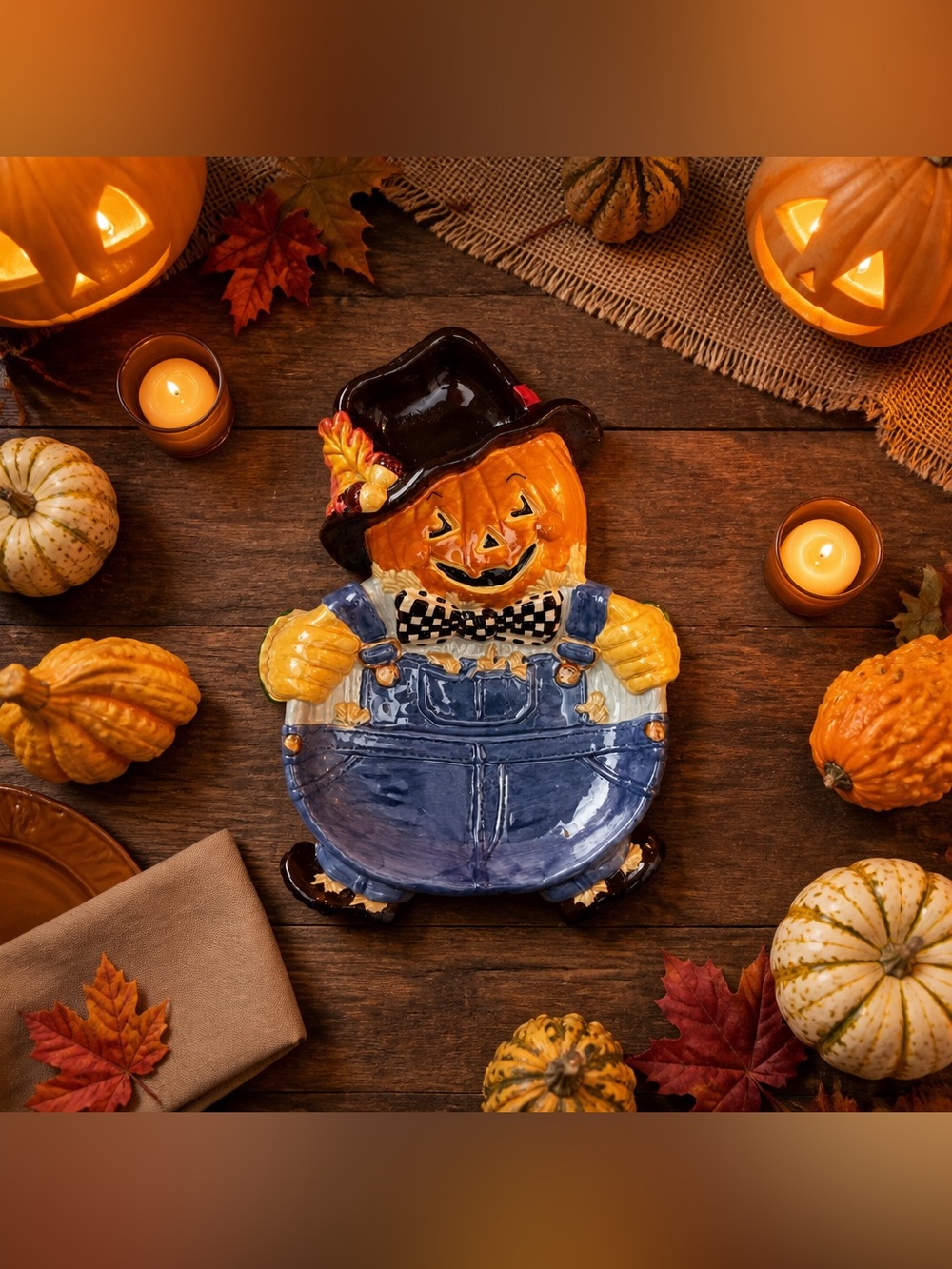 Pumpkin Scarecrow Ceramic Serving Dish Chip n Dip Halloween Fall Harvest